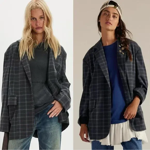 Free People Oversized Layering Menswear Reggie Blazer Blue Plaid Medium Preppy